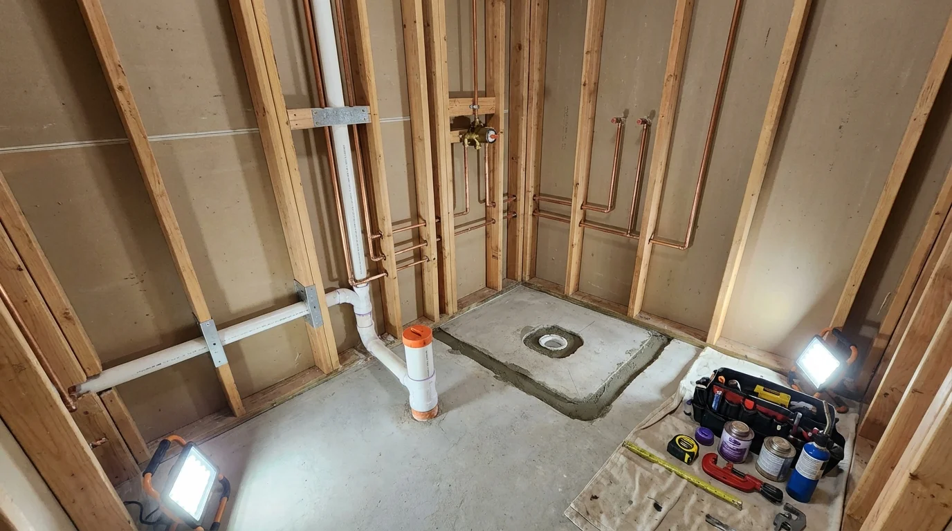 Bathroom rough-in plumbing during remodel by Johns Plumbing LLC in Wakeman