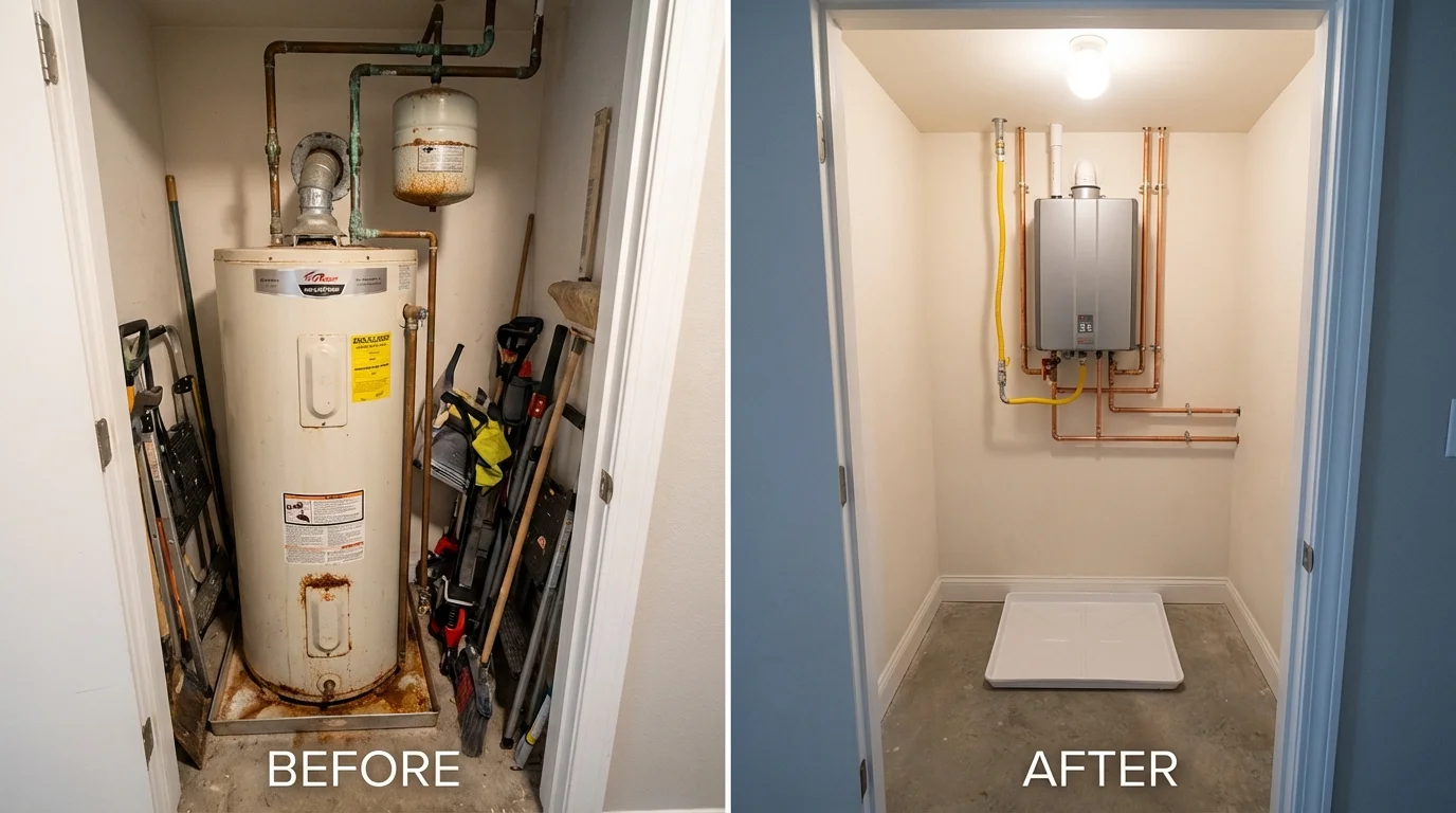 Tank water heater versus wall-mounted tankless unit comparison for Wakeman, OH homeowners