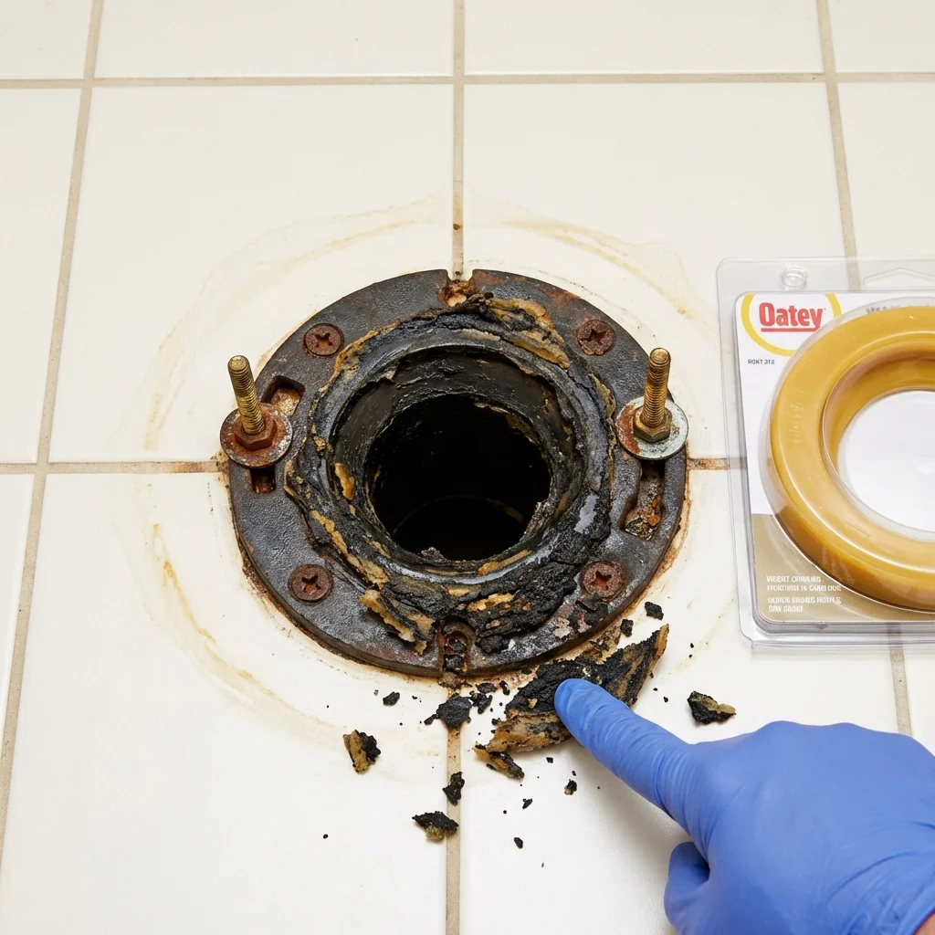 Failed wax ring showing water seepage at the base of a toilet in a Wakeman, OH home
