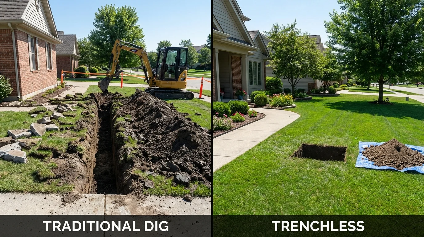 Trenchless sewer repair with minimal yard damage versus traditional excavation in Wakeman, OH